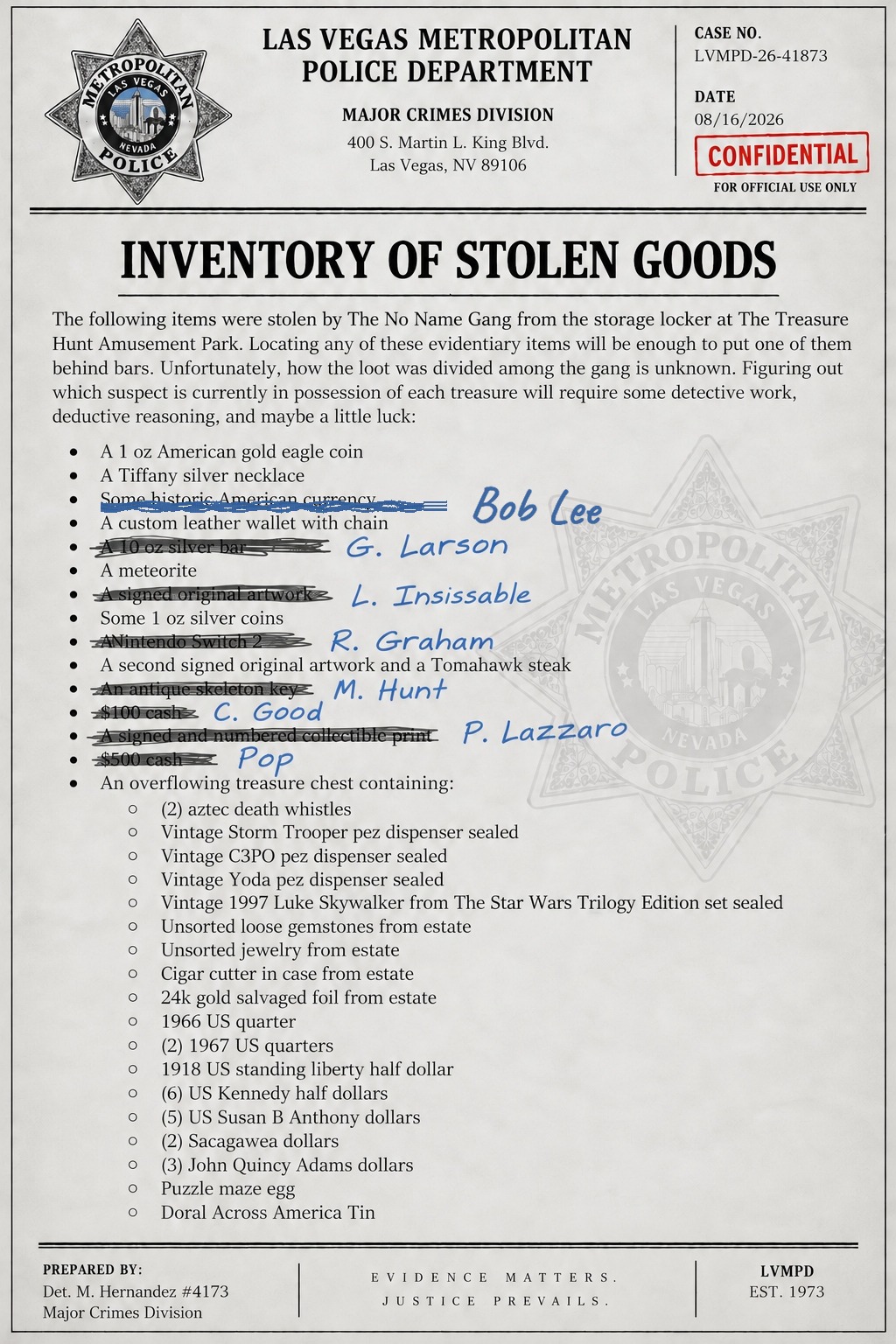 Las Vegas Metropolitan Police Department Major Crimes Division confidential inventory of stolen goods, case LVMPD-26-41873, listing the items taken by the No Name Gang from the Treasure Hunt Amusement Park storage locker